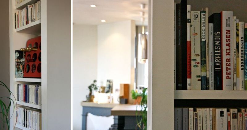 Rénovation d'un appartement ancien modernisé par parquet noir, décloisonnement avec cuisine ouverte, bar en béton, bibliothèque - Julie Béringué Architecte d'intérieur à Toulouse