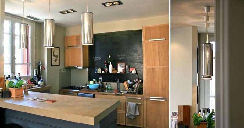 Rénovation d'un appartement ancien modernisé par parquet noir, décloisonnement avec cuisine ouverte, bar en béton - Julie Béringué Architecte d'intérieur à Toulouse