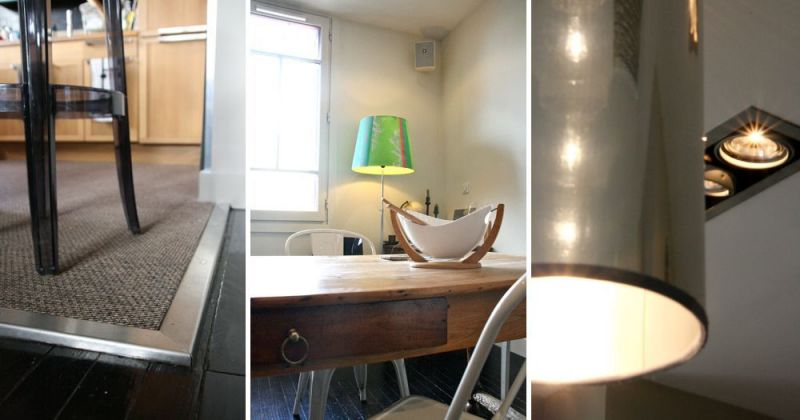 Rénovation d'un appartement ancien modernisé par parquet noir, décloisonnement avec cuisine ouverte, seuil métal, spots encastrés SLV by Déclic - Julie Béringué Architecte d'intérieur à Toulouse