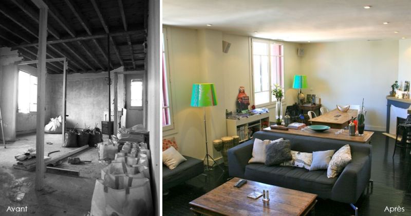 Rénovation d'un appartement ancien modernisé par parquet noir, décloisonnement avec cuisine ouverte, bar en béton - Julie Béringué Architecte d'intérieur à Toulouse