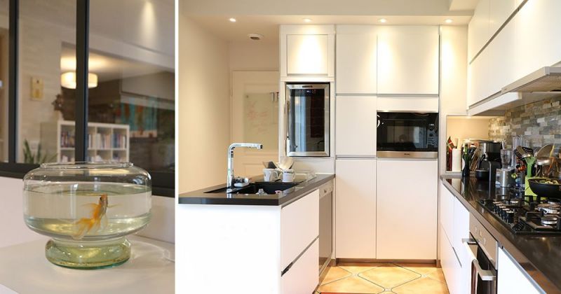 Embellissement d'une maison avec cuisine ouverte sur séjour par menuiserie style atelier, parements en marbre et suspensions en cuivre - Julie Béringué Architecte d'intérieur à Toulouse