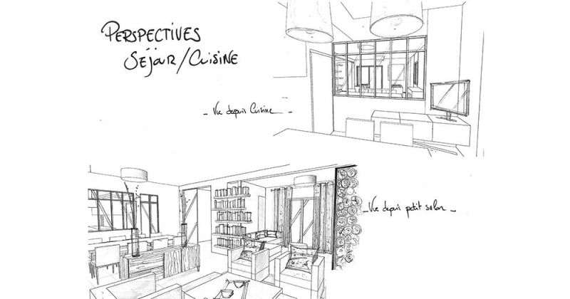 Embellissement d'une maison avec cuisine ouverte sur séjour par menuiserie style atelier en perspective, croquis - Julie Béringué Architecte d'intérieur à Toulouse