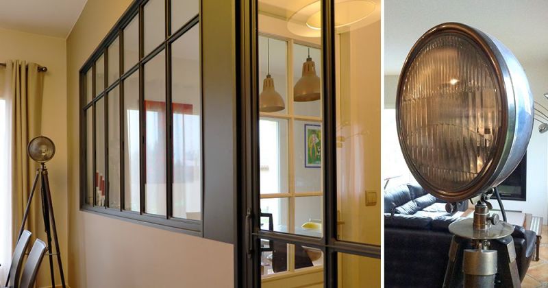 Embellissement d'une maison avec cuisine ouverte sur séjour par verrière menuiserie style atelier, parements en marbre et suspensions en cuivre - Julie Béringué Architecte d'intérieur à Toulouse