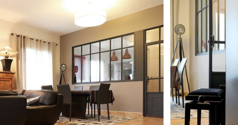 Embellissement d'une maison avec cuisine ouverte sur séjour par verrière menuiserie style atelier, parements en marbre et suspensions en cuivre - Julie Béringué Architecte d'intérieur à Toulouse